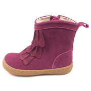 Girls pink suede ankle boot with ruffles side view