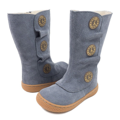 Girls blue suede boot with gold clock design