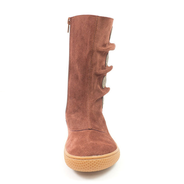 Girls brown suede boot with gold clock design front view