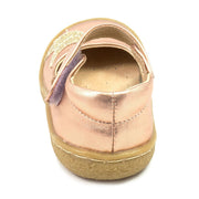 Girls rose gold leather mary janes with glitter bird detail back view