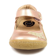 Girls rose gold leather mary janes with glitter bird detail front view
