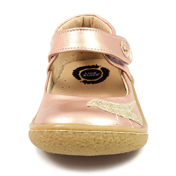 Girls rose gold leather mary janes with glitter bird detail front view