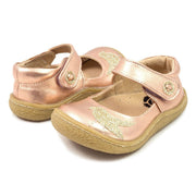 Girls rose gold leather mary janes with glitter bird detail