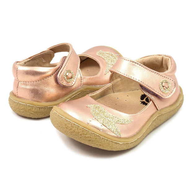 Girls rose gold leather mary janes with glitter bird detail