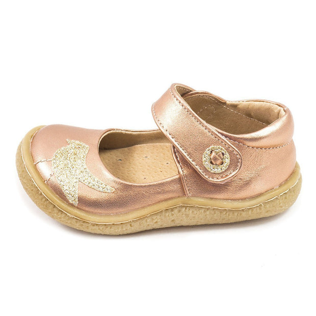 Girls rose gold leather mary janes with glitter bird detail side view