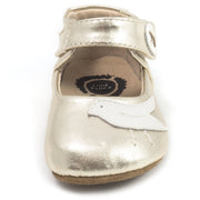 Baby girls silver metallic leather mary janes with bird detail front view