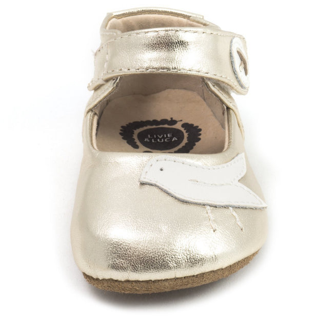 Baby girls silver metallic leather mary janes with bird detail front view