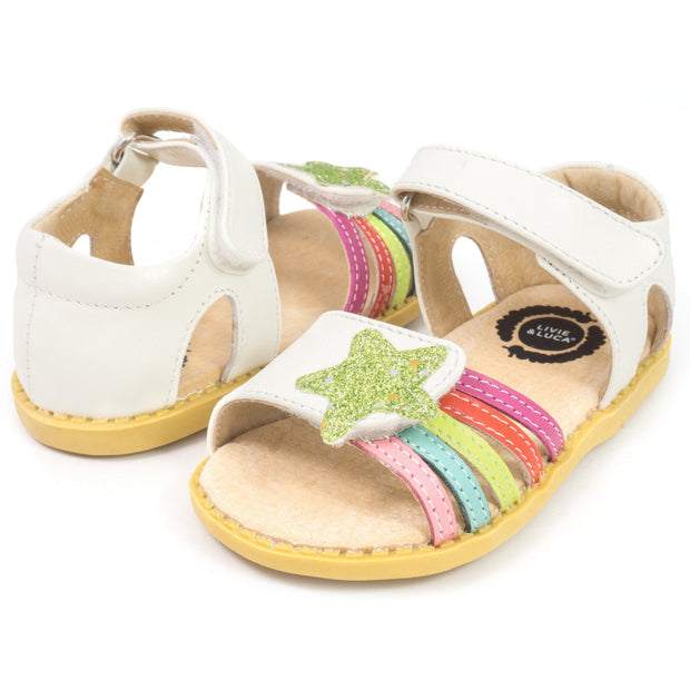 Adorable shooting star sandals for girls in white and multi color