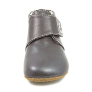 Brown leather baby boots with button closure front view