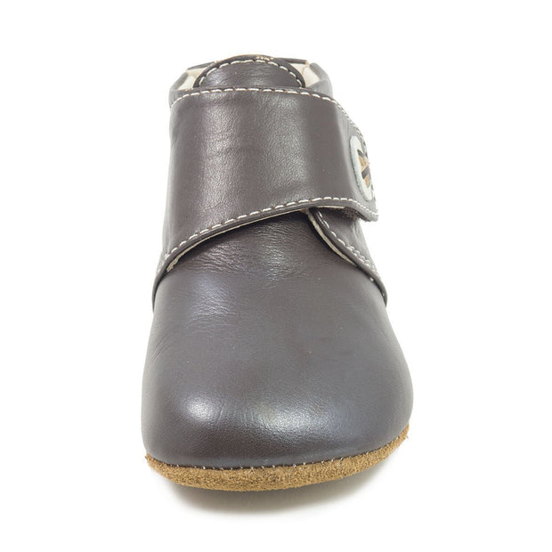 Brown leather baby boots with button closure front view
