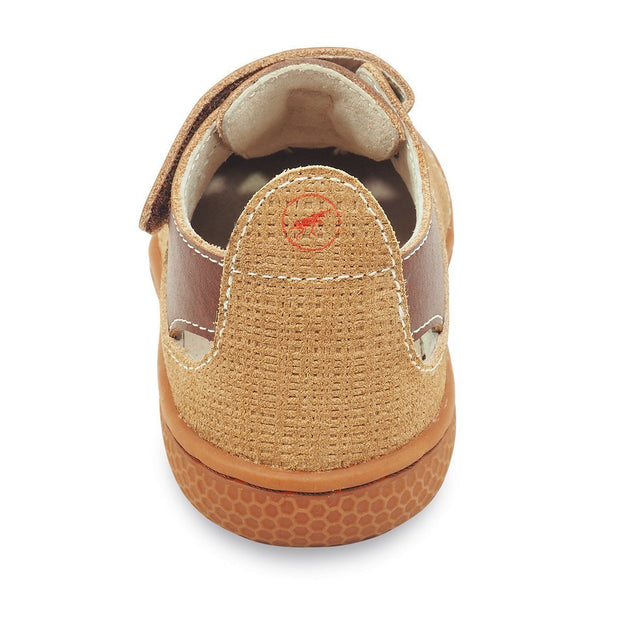 Boys summer sandal shoe in brown with leather and burlap detailing, heel view