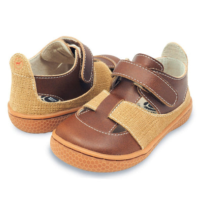 Boys summer sandal shoe in brown with leather and burlap detailing, pair