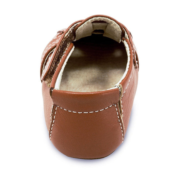 brown leather baby shoes for boys, heel view