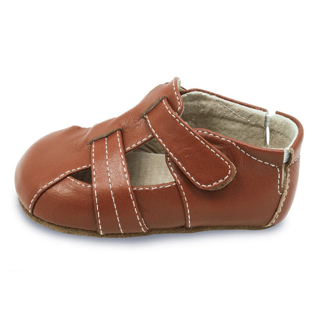 brown leather baby shoes for boys, side view