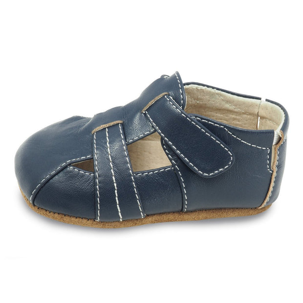 navy leather baby shoes for boys, side view