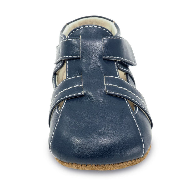 navy leather baby shoes for boys, front view
