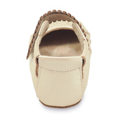 Adorable champagne colored baby shoe with ruffle toe, heel view