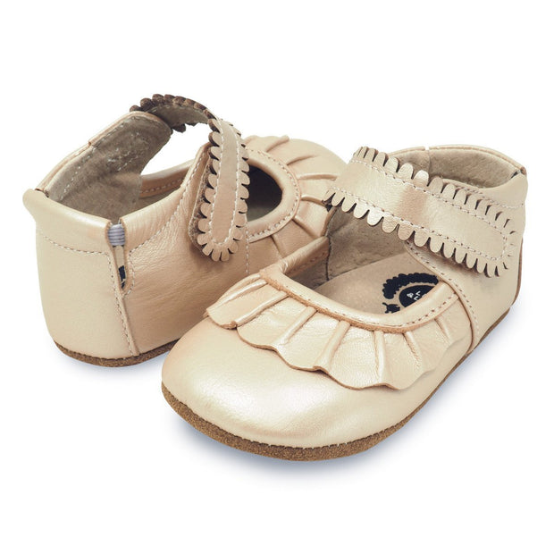 Adorable champagne colored baby shoe with ruffle toe, pair