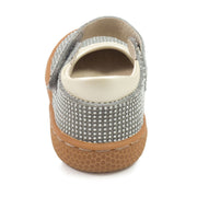 Gray girls suede Mary Jane shoe with glitter and sparkles, heel view
