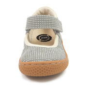 Gray girls suede Mary Jane shoe with glitter and sparkles, front view
