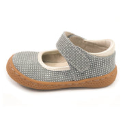 Gray girls suede Mary Jane shoe with glitter and sparkles, side view