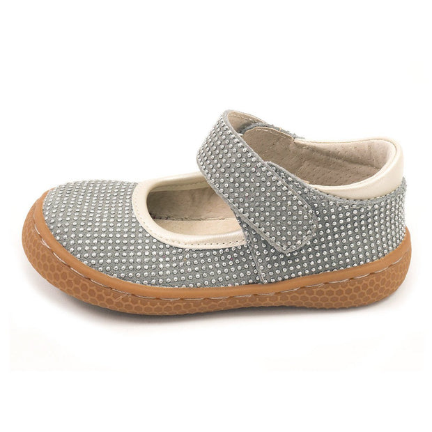 Gray girls suede Mary Jane shoe with glitter and sparkles, side view