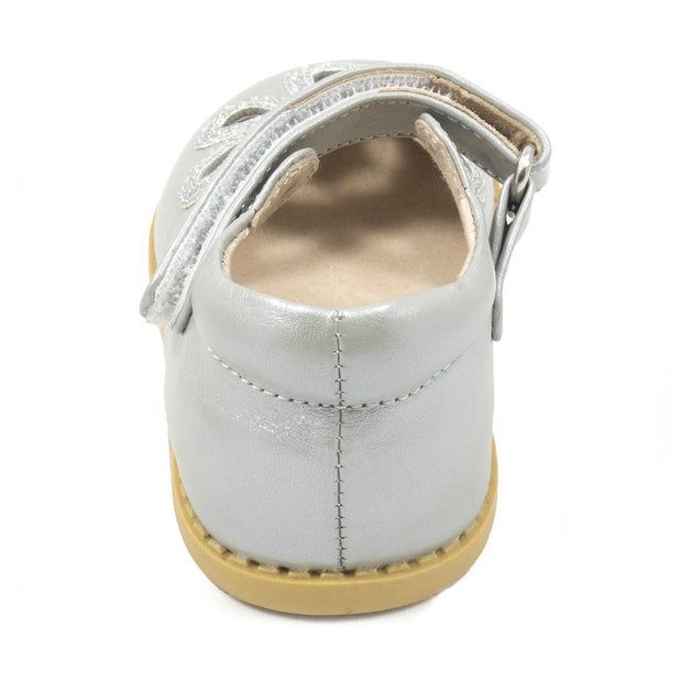 Girls leather mary jane shoe in silver with silver glitter flower back view
