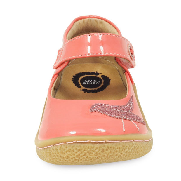 Pio Pio mary jane for girls in guava with sparkly bird, front view