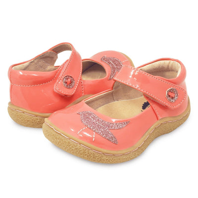 Pio Pio mary jane for girls in guava with sparkly bird, pair