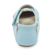 Powder blue baby shoe with bird appliqué, heel view