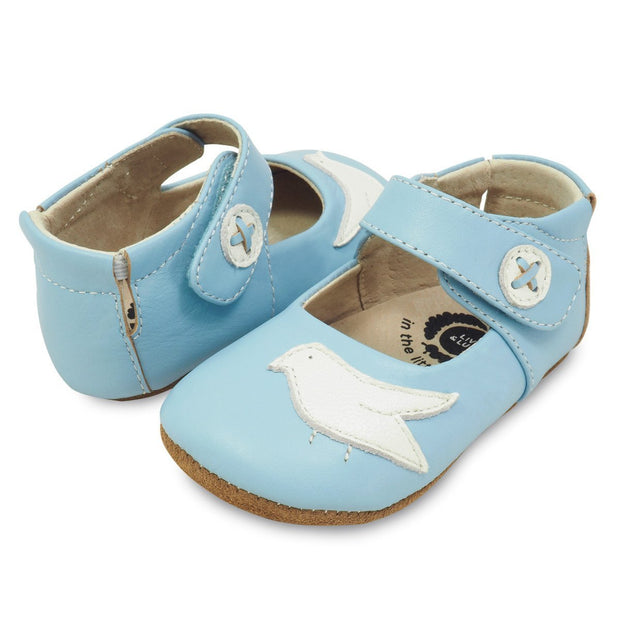 Powder blue baby shoe with bird appliqué, pair