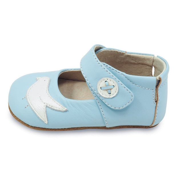Powder blue baby shoe with bird appliqué, side view