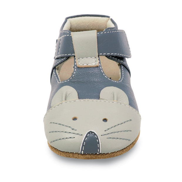 Adorable Gray Mouse baby shoe with mouse appliqué, front