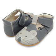 Adorable blue Mouse baby shoe with mouse appliqué, pair