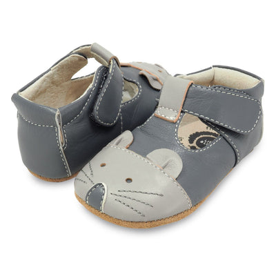 Adorable blue Mouse baby shoe with mouse appliqué, pair