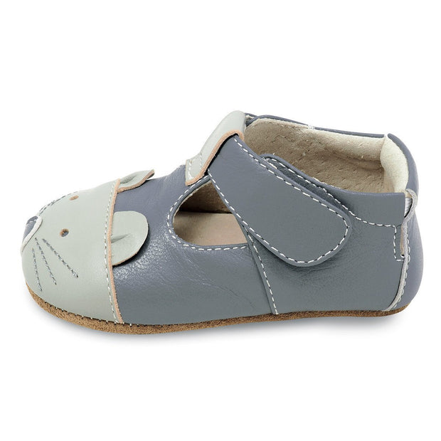 Adorable blue Mouse baby shoe with mouse appliqué, side
