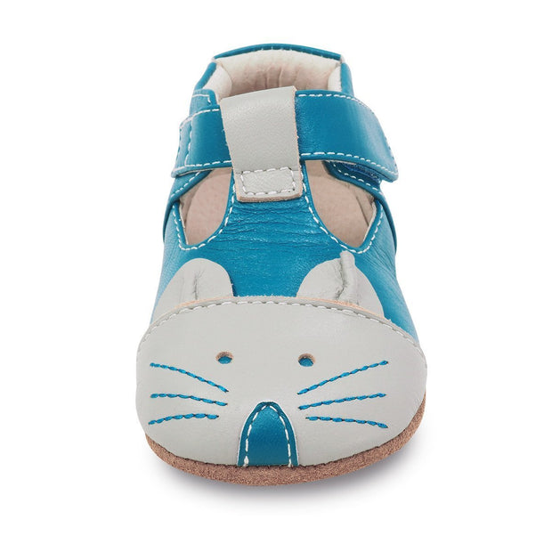 Adorable blue Mouse baby shoe with mouse appliqué, front