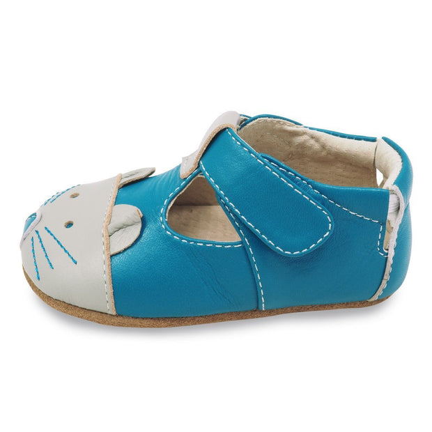 Adorable blue Mouse baby shoe with mouse appliqué, side